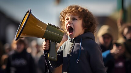 demo kid person with megaphone - obrazy, fototapety, plakaty