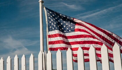 american flag on white picket fence