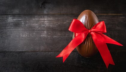 delight in the allure of a chocolate easter egg gift adorned with a vibrant red bow set against a rich dark wooden background
