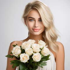 portrait of a beautiful blonde girl with a bouquet of white roses on a neutral background