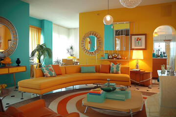 A colorful and eclectic living room inspired by mid-century modern design, with vintage pieces mixed with contemporary art and bold pops of color