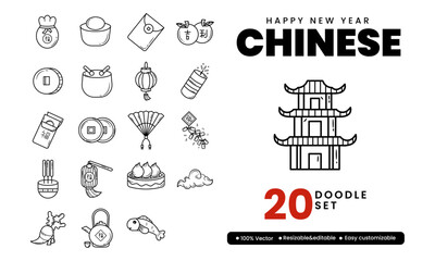 Naklejka premium 20 Bundle set Chinese Happy New Year Doodle Line Style. Vector Illustration 