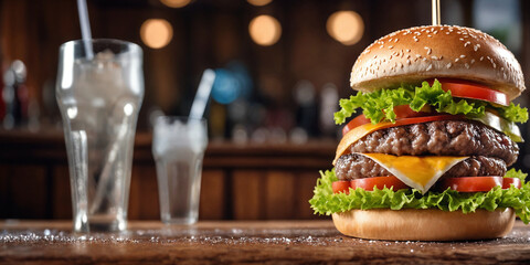 burger at wooden tabletop with blurred bar at backdrop. One hamburger at wooden table. Fastfood...