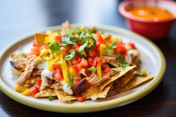 nachos with grilled chicken and bell peppers - obrazy, fototapety, plakaty