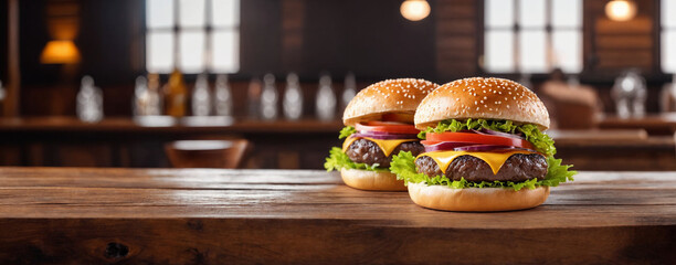burger at wooden tabletop with blurred bar at backdrop. One hamburger at wooden table. Fastfood banner advertising concept. Generative Ai - obrazy, fototapety, plakaty