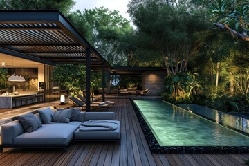 Twilight Luxe: Luxury Poolside Evening at the Grand Villa, Exquisite Architecture and Serene Summer Atmosphere