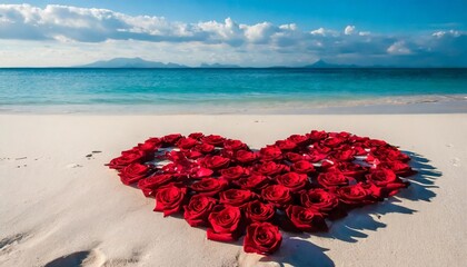 a romantic tableau with red rose petals creating a heart shape on a pristine white sandy beach