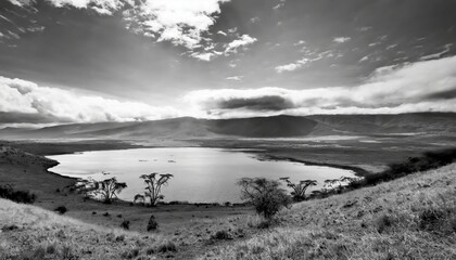 lake in the ngorongoro crater monochrome