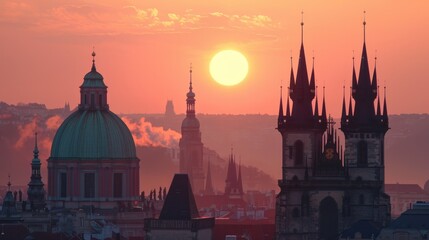 Fototapeta na wymiar Prague Sunrise: Towering Church of Our Lady Before Tyn