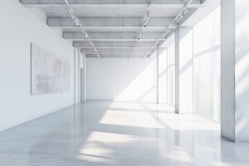Modern Gallery Interior with Mock-Up Walls and White Windows. Museum Room Concept in 3D Rendering
