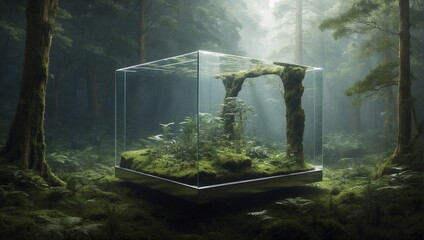 A sleek glass cube floating in the void of space, containing a small, lush forest ecosystem Generative AI