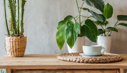 modern interior with plants on wooden table cozy interior in boho style real photo