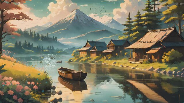 landscape of beautiful village with lake, mountains and wooden boat. Cartoon or anime watercolor digital painting illustration style. seamless looping 4k video animation background.