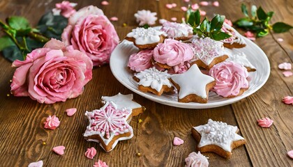 Fototapeta na wymiar gingerbread cookies in the shape of stars pink merengue cookies and pink roses on a wooden brown natural table christmas and winter card delicious pastries close up valentiners day background