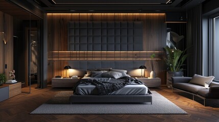 Modern Luxury Loft Style Interior with Dark Tones and Wooden Parquet Floor - 3D Render