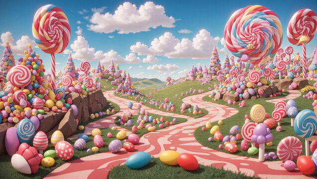 Candy town, lollipop trees. Easter sweet candy land. Child Birthday party poster or postcard template. Candy land town with blue sky and marshmallow clouds.