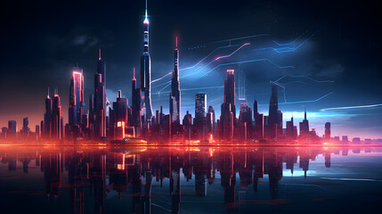A city with a blue light and the word city on it,,
cyberpunk city in the night view illustration Free Photo