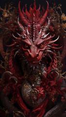 Red Dragon, Character surrounded with flowers in red colors on dark background