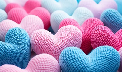 Obraz premium Colorful knitted hearts on a light background. Valentines day concept.