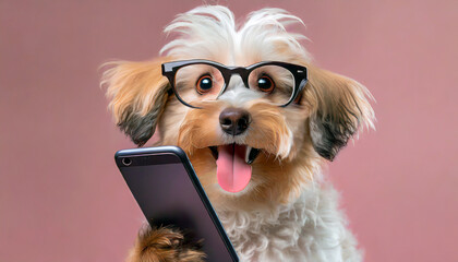 A dog wearing reading glasses holding a smartphone isolated on a pink background b