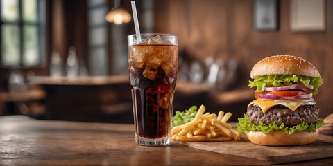 Big burger with hot grilled patty with melted cheese on top, tomato, onion, sauces and fried chips served with cold soft drink. Banner concept. Generative Ai