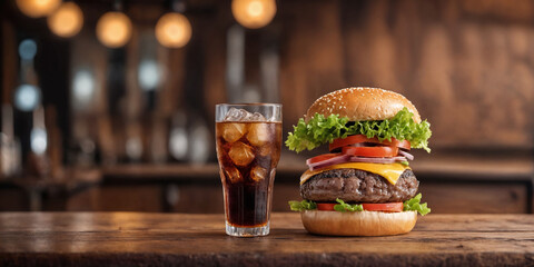 Big burger with hot grilled patty with melted cheese on top, tomato, onion, sauces and fried chips served with cold soft drink. Banner concept. Generative Ai
