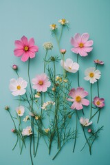 flat lay of cosmos flowers on a light blue background