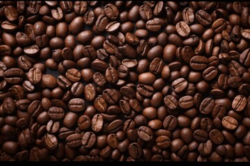Obraz premium Close up view of dark fresh roasted coffee beans on coffee beans background. Closeup of coffee beans scattered background