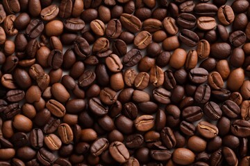 Obraz premium Close up view of dark fresh roasted coffee beans on coffee beans background. Closeup of coffee beans scattered background