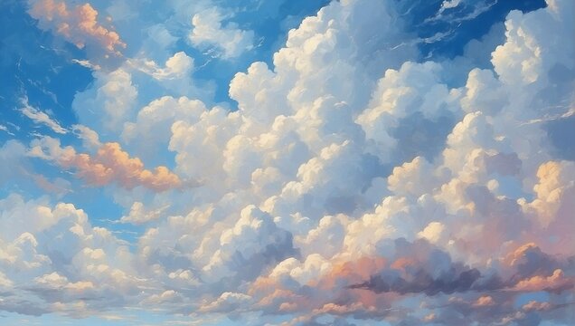 Blue sky and clouds background painted in oil