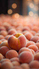 Ripe juicy peaches on a table with beautiful bokeh background.