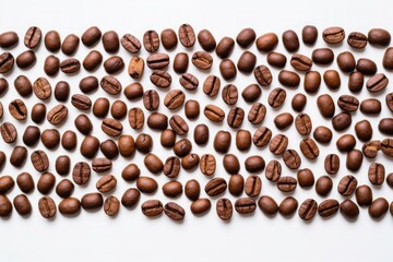Obraz premium Top view of roasted coffee beans isolated on white background with copy space. Coffe beans with white space
