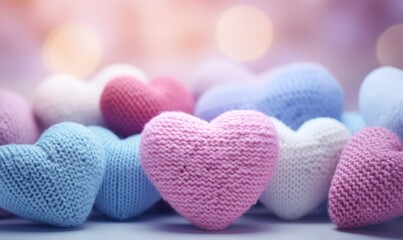 Fototapeta premium Colorful knitted hearts on a light background. Valentines day concept.