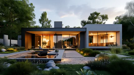 Fotobehang this house design has a modern look with a small yard, in the style of realistic still lifes with dramatic lighting, landscape-focused © thisisforyou