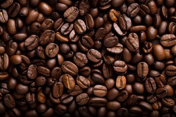 Obraz premium Close up view of dark fresh roasted coffee beans on coffee beans background. Closeup of coffee beans scattered background