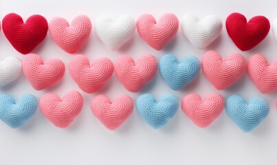 Obraz premium Colorful knitted hearts on a light background. Valentines day concept.