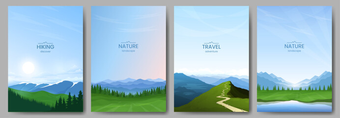 Collection of mountain landscapes. Mountains and forest, green valley and river, blue sky, path leading to the top of the mountain. The concept of tourism, hiking, active recreation. Vector image.