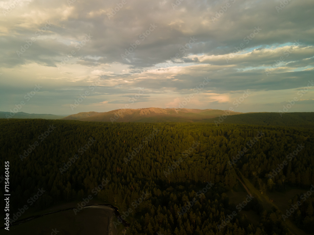 Poster a bird's-eye view of the mountains and the green forest with pine trees against the sky with clouds 