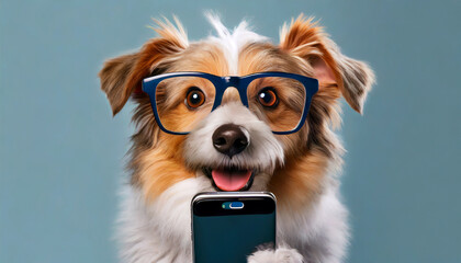 A dog wearing reading glasses holding a smartphone isolated on a blue background