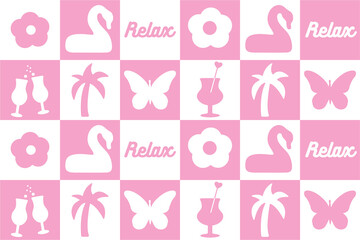 abstract, seamless pattern of pink daisies, butterflies, palm tree. fashionable plaid, cute graphics. for printing, advertising, wrapping paper, the Internet, social media. vector graphics.