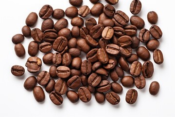 Fototapeta premium Top view of roasted coffee beans isolated on white background with copy space. Coffe beans with white space