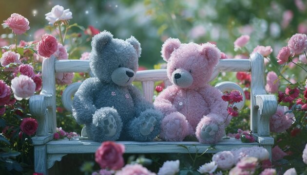 Two teddy bears one in calming blue tones and the other in lovely pink hues sitting on a garden bench surrounded by blooming flowers creating a serene and picturesque image in high definition