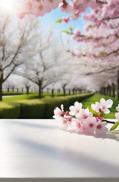 close-up photo of a white table with a smooth, uniform coating, in the background spring trees bloom with delicate pink flowers, clear sunny day. Along the edge of the photo are branches of flowering 