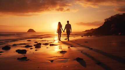 Fototapeta premium Silhouette of a romantic couple holding hands and walking on the beach at sunset.