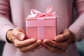 Close-up man hands holding gift box, present surprise, Festive, celebration, pink, congratulation. Valentine's day. LGBT, homosexual, friends relationship, lesbian couple. Love and care