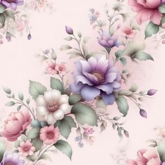 Retro Wallpaper Texture of Floral Flower Pattern in Pink Violet soft Pastel color of blossoming friendly Nature soft cozy old grandma style for Interior Design or Deco Hobby Ornament and Green Leafs