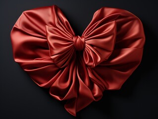 Heart shaped red silk bow on dark background.