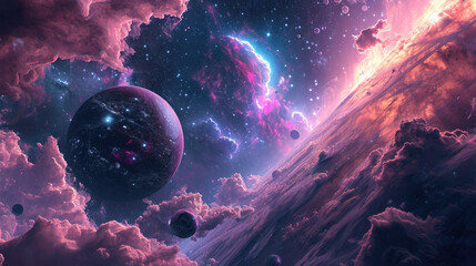 Abstract space landscape background with alien world and hazy sky in original colors - obrazy, fototapety, plakaty