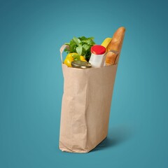 Assorted fresh tasty groceries in a bag, shopping concept