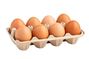 ten brown chicken eggs in a cardboard tray isolated on PNG Background. Generative Ai.